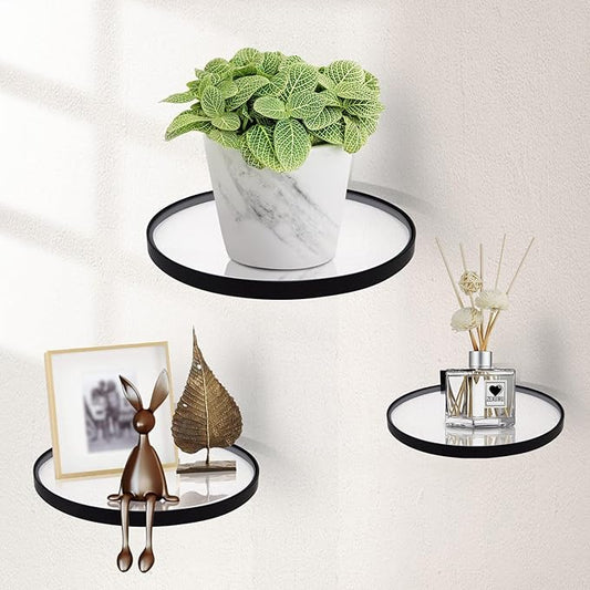 ZEXUIRU 3 Set Glass Decorative Floating Shelves Metal Frame Display Shelf Wall Decor for Home Office Mixed Size