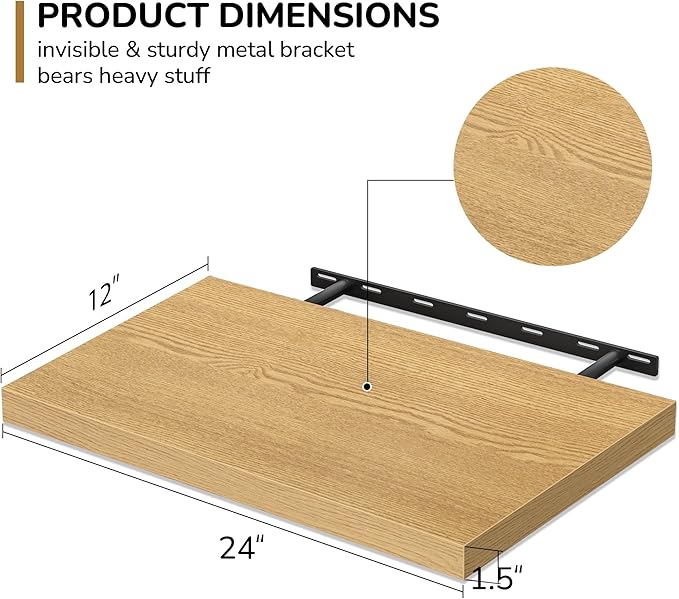 Fun Memories Floating Shelves - 2 Pack 12 Inch Deep Rustic Wooden Wall Shelves - Extra Deeper & Thicker Wall Mounted Storage Shelf for Living Room, Kitchen, Farmhouse - 24