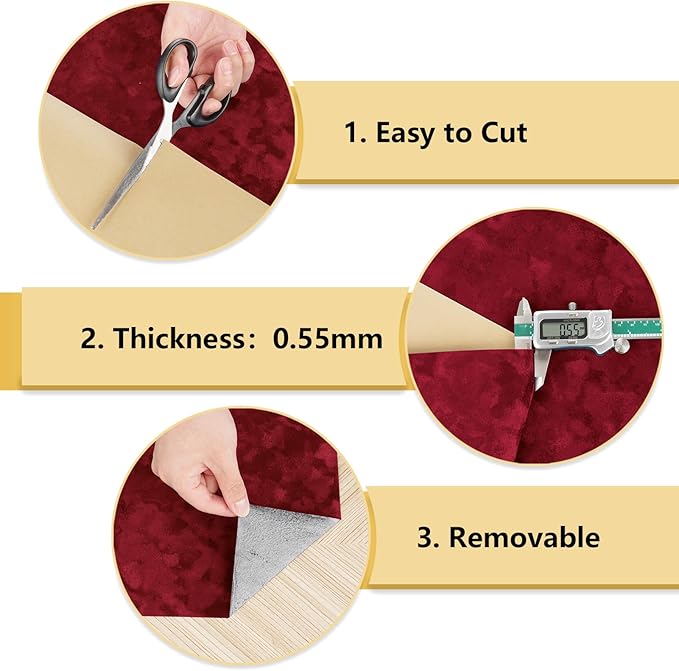 Wallercity Wine-Red Flocking Fabric Wallpaper Peel and Stick Soft Velvet Contact Paper for Cabinets Dresser Top Deep Red Felt Cloth Wall Paper for Shelf Liner Jewelry Boxes Frame Decor 15.8''x78.7''