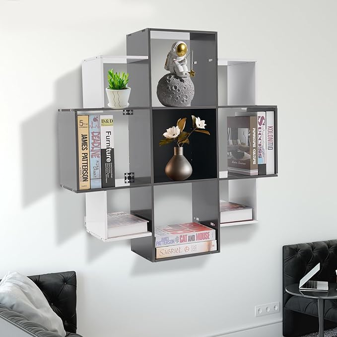 Book Shelf for Room Wall 3-Tiers 9 Compartment Wall Geometric Bookcase Floating Shelf for Living Room Decoration in Modern Design Holds up to 66.1 lbs (Black, White)
