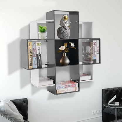 Book Shelf for Room Wall 3-Tiers 9 Compartment Wall Geometric Bookcase Floating Shelf for Living Room Decoration in Modern Design Holds up to 66.1 lbs (Black, White)