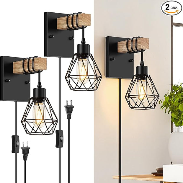 Plug in Wall Sconces Set of Two, Vintage Wood Wall Lamps with Plug in Cord, Farmhouse Wall Light Fixture with 5.25FT On/Off Switch Cord, Indoor Sconces Lighting for Bedroom Living Room