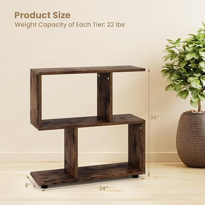 Tangkula 2 Tier Geometric Bookshelf, Freestanding Wood Display Shelf, Home Office Room Divider S Shaped Open Bookcase, Small Bookshelf for Small Spaces, Living Room, Study (Coffee, 2)