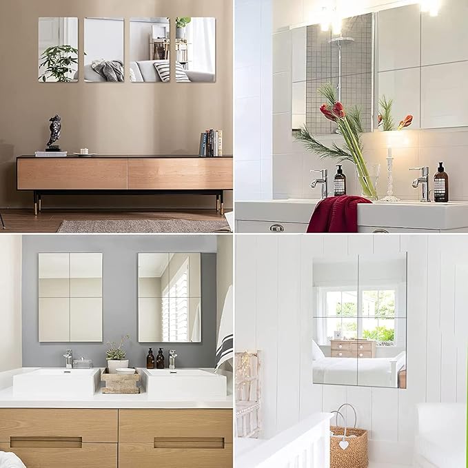 JUNEBRUSHS 4 Pack Self Adhesive Acrylic Mirrors, 12x 16 Inch Mirrors Tiles,Flexible Plastic Sheets Wall Stickers,2MM Thick Mirror,Frameless Small Mirror
