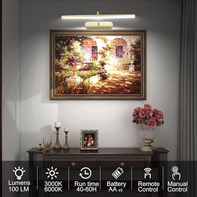 Picture Light,3AA Battery Wall Lights,Wireless Art Lights for Paintings,Remote Control Accent Light with Timer and Dimmable for Frame,Portrait,Mirror-GD