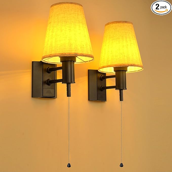 Rechargeable Battery Operated Wall Sconces Set of 2, Wireless LED Wall Lights with Remote & On/Off Pull Chain, Wall Mounted Lamp Lighting Fixture for Bedroom Living Room, Matte Black