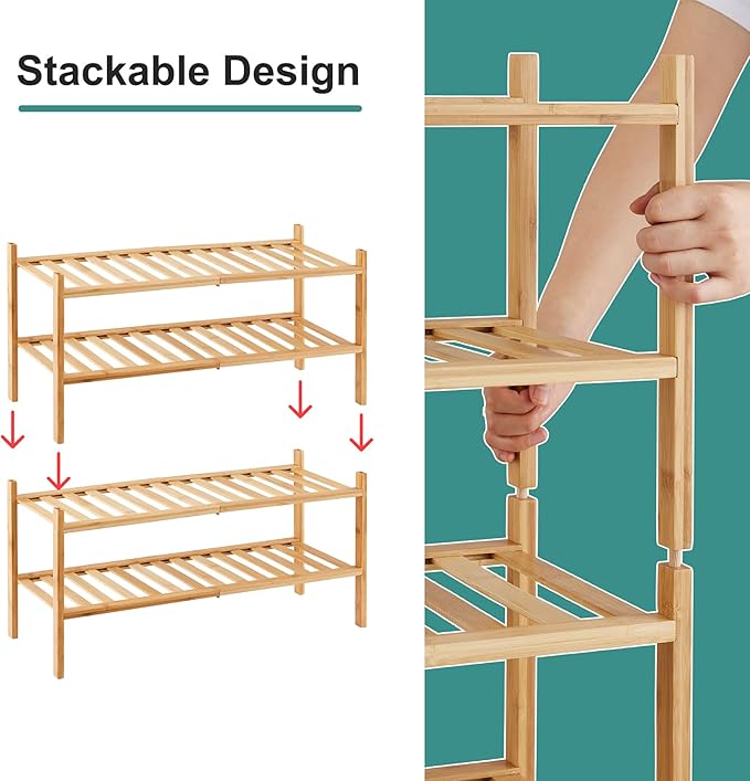 4-Tier Bamboo Shoe Rack for Entryway, Stackable | Foldable | Natural, Shoe Organizer for Hallway Closet, Free Standing Shoe Racks for Indoor Outdoor