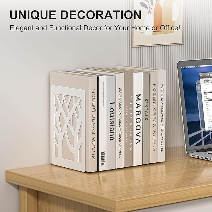 White Bookends 4 Pieces, Tree Design Modern Metal Bookends for Shelves, Unique Tree Book Ends Decorative Book Organizer for Desk, Decorative Shelve Book Stopper for Home Office
