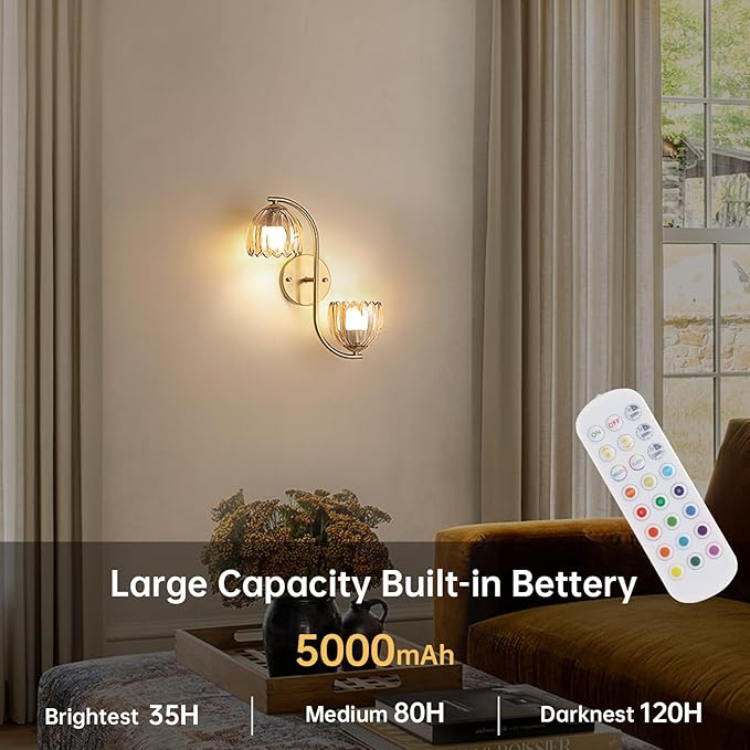 Battery Operated Wall Sconce, 2-Lights Vinatge Brass Wall Lighting Up and Down with Amber Tulip Shade for Living Room, Bedroom