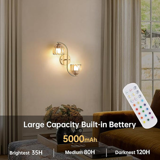 Battery Operated Wall Sconce, 2-Lights Vinatge Brass Wall Lighting Up and Down with Amber Tulip Shade for Living Room, Bedroom