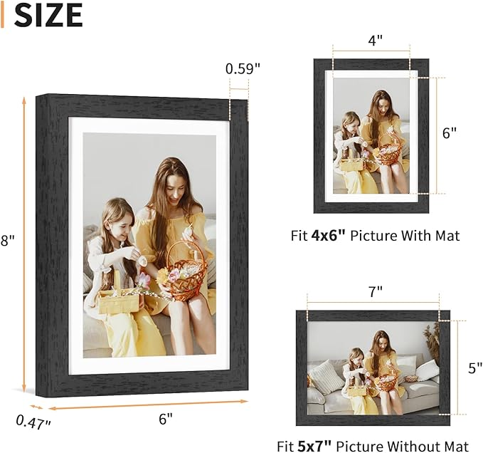 5x7 Picture Frame Set of 4, Displays 4x6 with Mat or 5x7 Without Mat, Photo Frames for Wall Hanging or Tabletop, Includes HD Plexiglass, Black