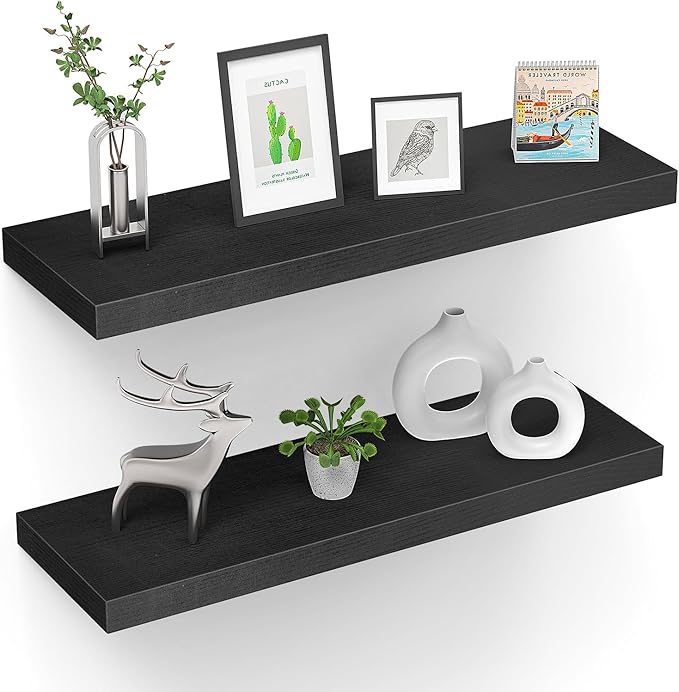 Floating Shelves (Set of 2) – Wall Mounted Shelves for Home Décor and Storage, Natural Pine Wood, Suitable for Living Room and Bedroom (Black, 23.6