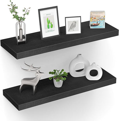 Floating Shelves (Set of 2) – Wall Mounted Shelves for Home Décor and Storage, Natural Pine Wood, Suitable for Living Room and Bedroom (Black, 23.6" x 5.7" x 1.0")
