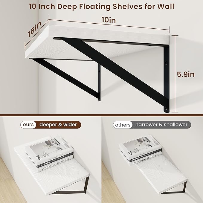 Axeman Deep Floating Shelves | 16 Inch White Wall Shelves Set of 2 | 10 Inch Deep Wood Floating Shelves for Wall | 16
