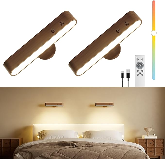 Rechargeable Walnut Wood Wall Sconces Set of Two LED Wall Lights for Bedroom,Touch and Remote Control,360° Rotate Magnetic Wall Light,3 Colors Dimmable Brightness Wall Lamps with 15 RGB Colors, 2 Pack