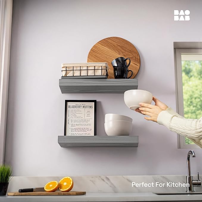 BAOBAB WORKSHOP Wood Floating Shelves for Wall - Rustic Shelf 16 inch - Grey Bathroom Shelves - Solid Wood Shelves for Wall for Bedroom Kitchen Living Room - Gray Finish, 16W × 6.7D, Set of 2