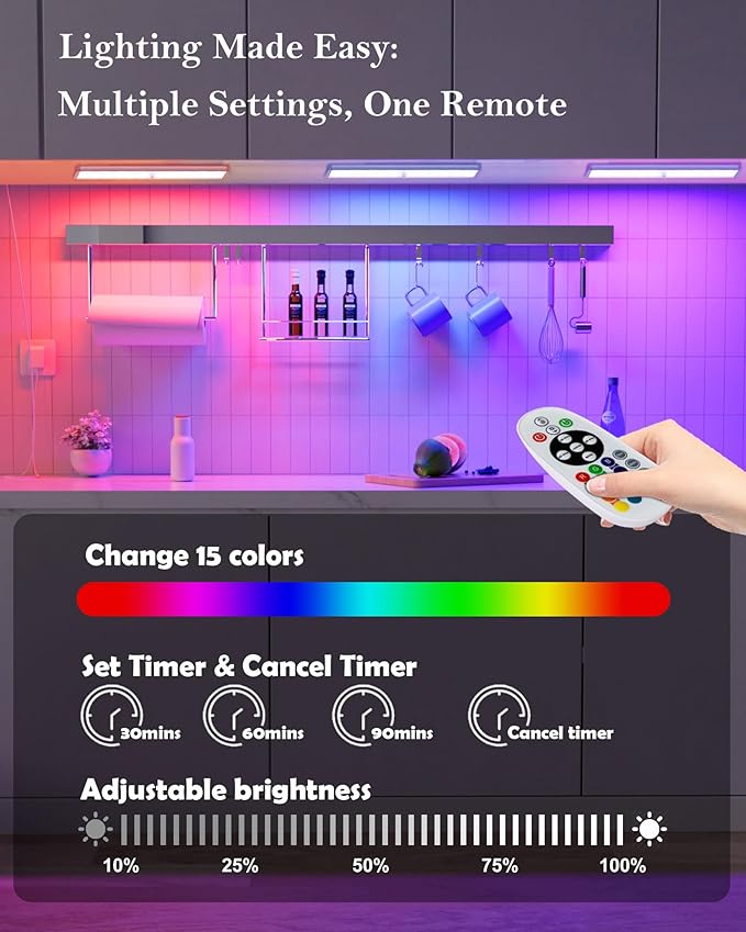 SZOKLED Under Cabinet Lighting Rechargeable 48-LED Wireless Under Cabinet Lights Remote, Kitchen Counter Lights Closet Lights RGB Perfect for Indoor Pantry Display Shelf 15 Color Changing(6 Packs)
