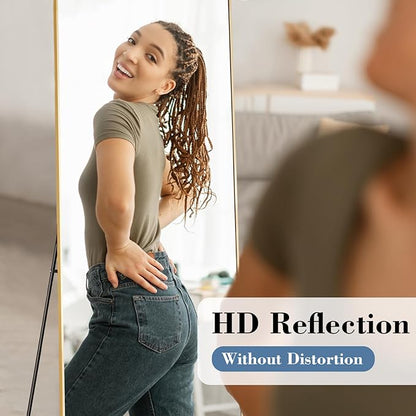 DUMOS Full Length Mirror with Stand, 56"x21" Floor Mirror with Aluminum Alloy Frame for Bedroom, Standing Full Body Mirror with Shatter-proorf Nano Glass for Wall, Living Room, Cloakroom, Gold
