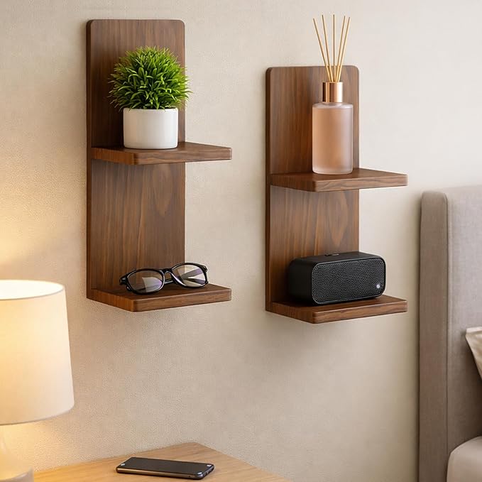 2-Tier Walnut Floating Wall Shelf of 2, 20x8x6 Wall-Mounted Wooden Beside Shelf/Nightstand for Home Décor, Plants, Cosmetics, Bathroom, Kitchen, Bedroom Storage