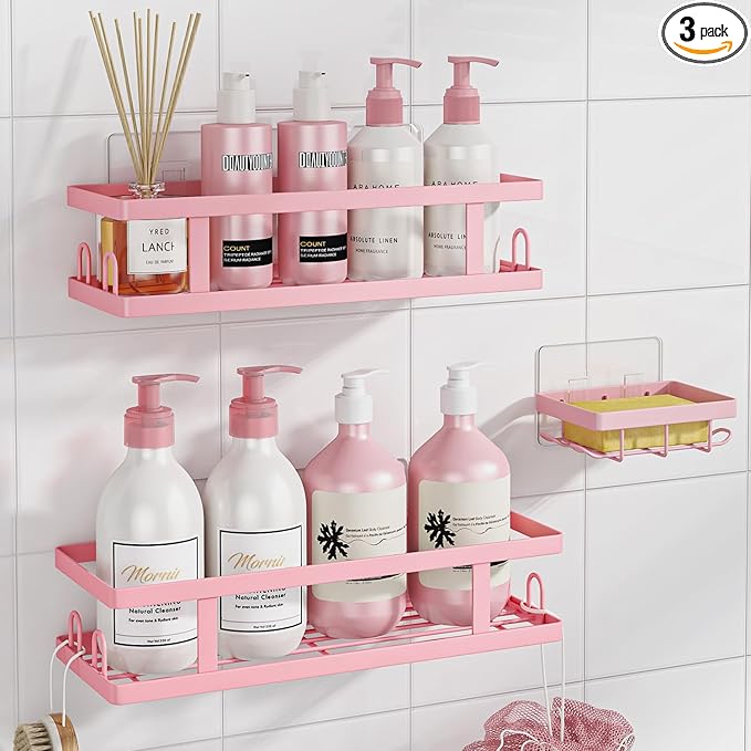Adhesive Shower Caddy,Shower Shelves with Soap Holder and 12 Hooks,No Drilling Bathroom Organizer and Storage,Pink,3 Pack