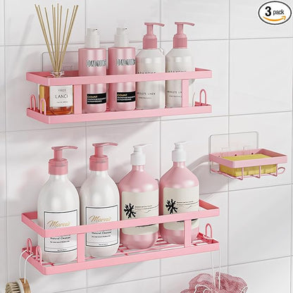 Adhesive Shower Caddy,Shower Shelves with Soap Holder and 12 Hooks,No Drilling Bathroom Organizer and Storage,Pink,3 Pack