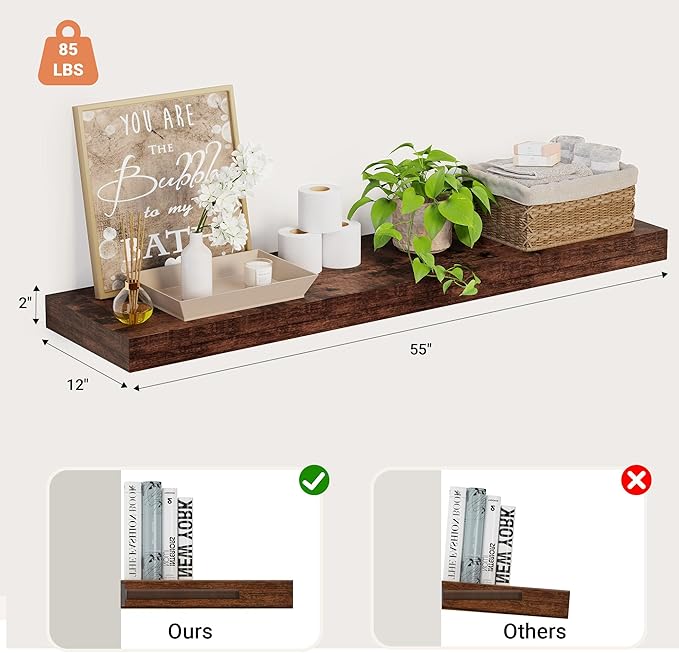 Heimlove 12 Inch Deep Floating Shelves, 55 x 12 inches Long Wall Shelf, Large Extra Display Shelf & Storage Shelf, Rustic Wood Wall Shelves for Fireplace Mantel, Set of 1(Rustic Brown)
