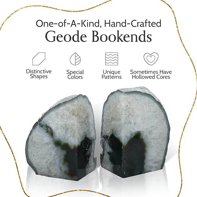 Nature's Decorations Agate Bookends - A Quality Green Geode with Non-Skid Rubber Bumpers for Shelves, Office, Home Decor, Heavy Duty Cute Stone (2-3 LB)