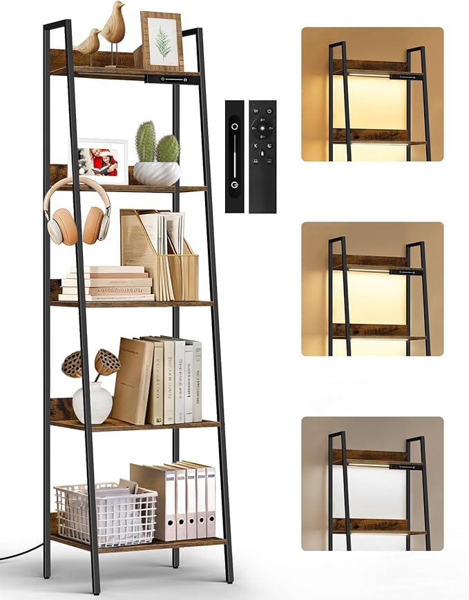 5-Tier Small Ladder Shelf with LED Lights, Touch & Remote Control, 3 Color Temperatures, Dimmable Tall Corner Standing Bookcase, Metal Wood Display Shelf for Living Room, Bedroom