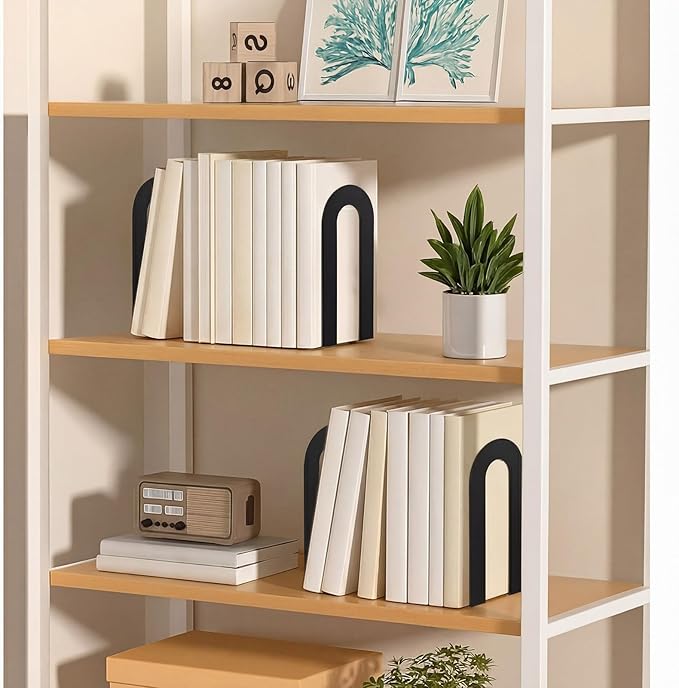 Chunful 6 Pcs Modern Metal Book Ends for Shelves Decorative Small Bookends Book Shelf Organizer Minimalist Design Stopper to Hold Books for Home Office (Black,7.5 * 5.75 * 3.5inch)