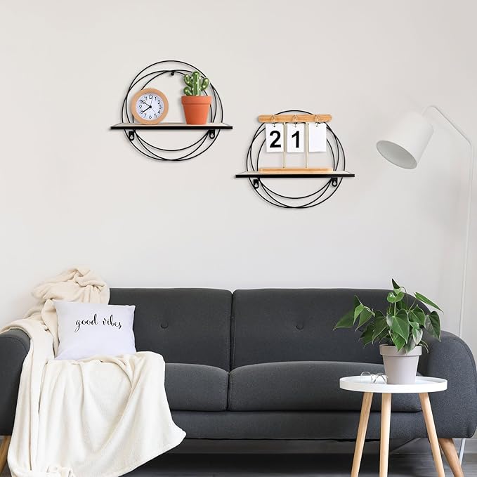 3 Pcs Floating Shelves Wall Mounted Hanging Shelf with Metal Wire and Wood, Foldable Round Shelf Wall Decor for Storage Bedroom Bathroom Living Room Kitchen Office Home Decoration (Black)