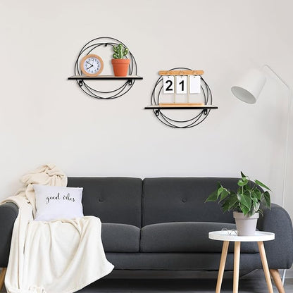 3 Pcs Floating Shelves Wall Mounted Hanging Shelf with Metal Wire and Wood, Foldable Round Shelf Wall Decor for Storage Bedroom Bathroom Living Room Kitchen Office Home Decoration (Black)