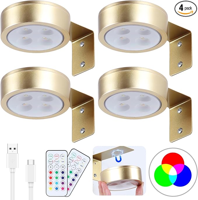 4 Pack Wireless Picture Lights for Wall, Magnetic Gold Picture Light Battery Operated with Remote, Dimmable Painting Light for Art Display, RGB Rechargeable Wall Lights for Photo Frame Gallery