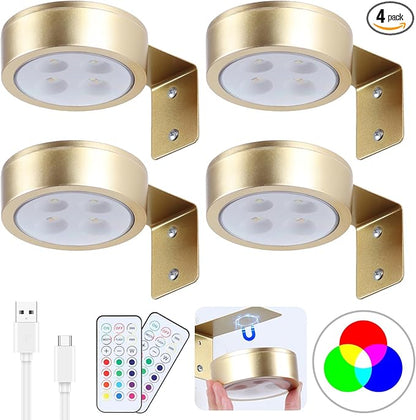 4 Pack Wireless Picture Lights for Wall, Magnetic Gold Picture Light Battery Operated with Remote, Dimmable Painting Light for Art Display, RGB Rechargeable Wall Lights for Photo Frame Gallery