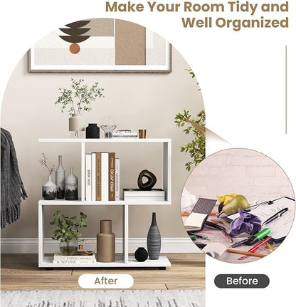 Tangkula 2 Tier Geometric Bookshelf, Freestanding Wood Display Shelf, Home Office Room Divider S Shaped Open Bookcase, Small Bookshelf for Small Spaces, Living Room, Study (White, 2)