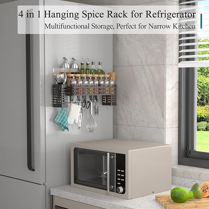 Hanging Spice Rack Wall Mount, Over Stove Spice Organizer Shelf with Wall Hanging Utensil Holder 6 Hooks for Kitchen, Black