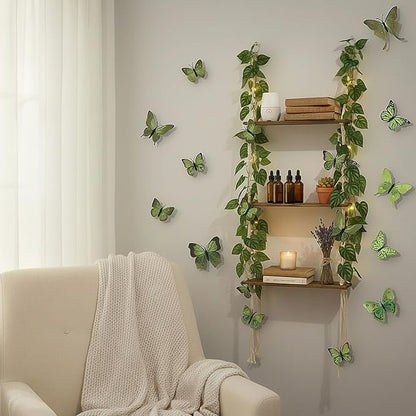 Novabright 3 Tier Macrame Wall Hanging Shelves with Artificial Ivy Leaves and Light, 36 3D Green Butterfly Wall Stickers, Wooden Floating Hanging Storage Shelves for Forest Room Decor
