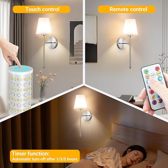 Peel and Stick Wall Sconces, Stick On Wall Sconce Set of 2, Battery Operated Wireless Wall Light, No Drill Adhesive Wall Lamp, Corn Bulb with 10000mAh Rechargeable Battery, Bedroom Wall Decor