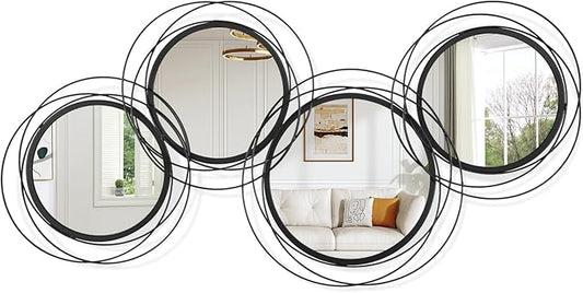 Black Wall Mirror Set, Metal Framed Round Mirror 4 Pack Circle Modern Decorative Mirrors for Living Room Bedroom Bathroom Entryway 20x40 Inch Home Decor