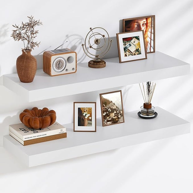 Fun Memories Floating Shelves, 9.3'' Deep Solid Pine Wood Wall Shelves for Storage, Wall Mounted Display Shelf with Invisible Heavy-Duty Metal Bracket, 36'' Width Set of 2, White
