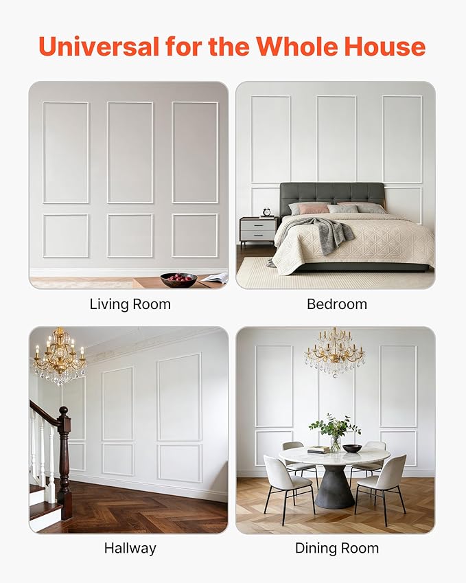 VEVOR Wall Molding 3 Pack, Wainscoting Panels Kit, Lightweight Paintable Polystyrene, Easy to Install, Waterproof Accent Wall Trim for Interior Décor Living Room, Bedroom, White (24x54 + 24x24 in)