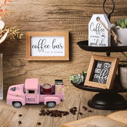 Coffee Bar Decor Vintage Mini Metal Pickup Truck Decor with Book Accessories for Coffee Station, Farmhouse Tiered Tray Tabletop Decorations for Home Kitchen, Office, Cafe