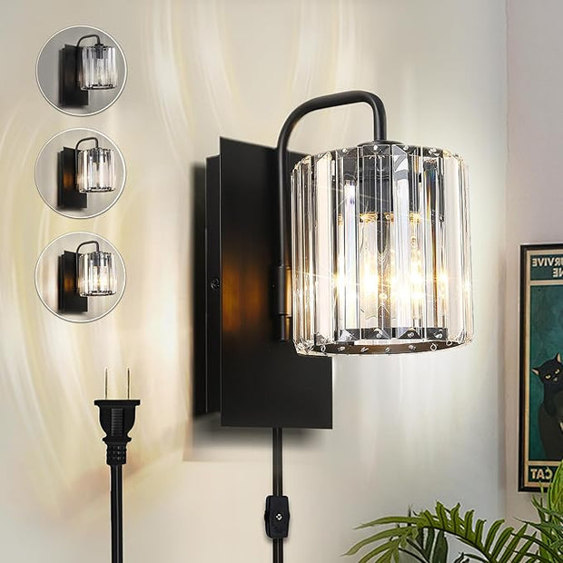 Plug in Sconces, Square Crystal Sconce Black Plug in Wall Sconce with On Off Dimmer Cord, Glass Wall Light Fixtures for Living Room Bedroom Hallway Staircase Bedside