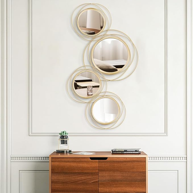 Cityelf 4 Set Mixed Size Gold Circle Mirrors Wall Decor Iron Frame Wall Art Round Mirror Home Decor Hanging for Living Room/Bedroom/Bathroom/Entryway