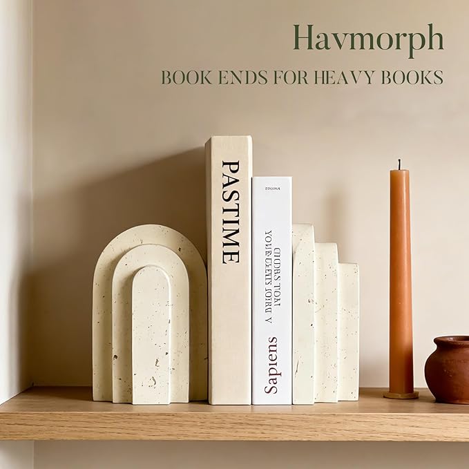 Book Ends for Heavy Books, Beige Modern Pleasing Layered Arch Design Aesthetic Bookend Decorative, Concrete Book Ends to Hold Books Heavy Duty for Bookshelf Decor, Home Decor, Office Decor