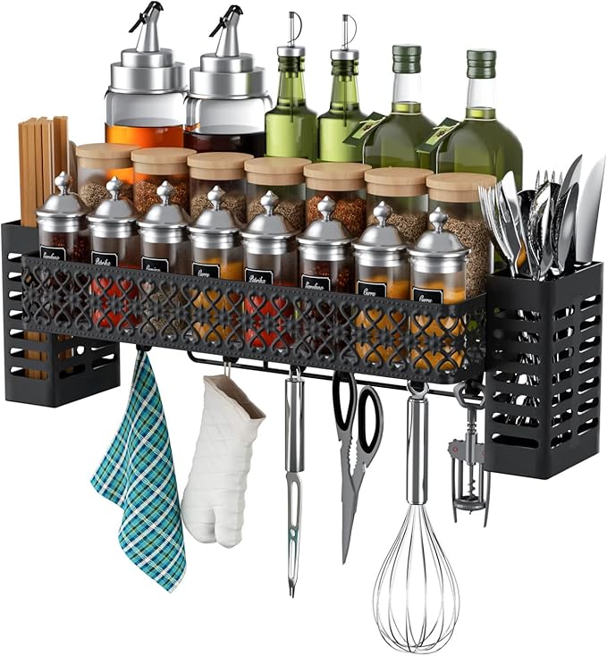 Hanging Spice Rack Wall Mount, Over Stove Spice Organizer Shelf with Wall Hanging Utensil Holder 6 Hooks for Kitchen, Black