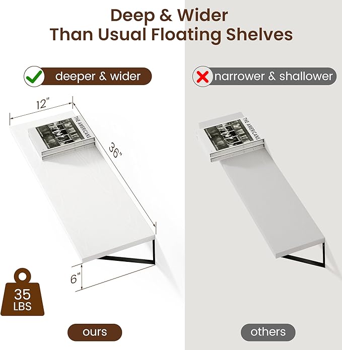 Axeman Floating Shelves for Wall White - 36 Inch Wide x 12 Inch Deep Wall Shelves Set of 2 - White Deep Wood Floating Shelves for Living Room Bedroom Laundry Room