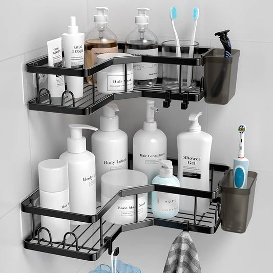 Corner Shower Caddy, 2 Pack Adhesive Shower Corner Organizer Shelves, No Drilling Stainless Steel Shower Storage Rack with Hooks&Toothpaste Holder for Bathroom Kitchen （for 90° Corners Only）