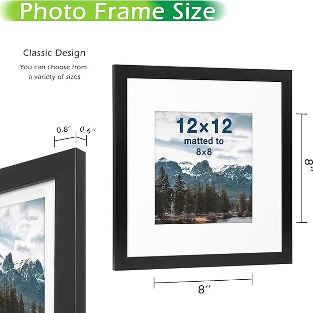 FrameWorks 12x12 mat to 8x8 Classic Wooden Picture Frames Tempered Glass/Black / 6-Pack