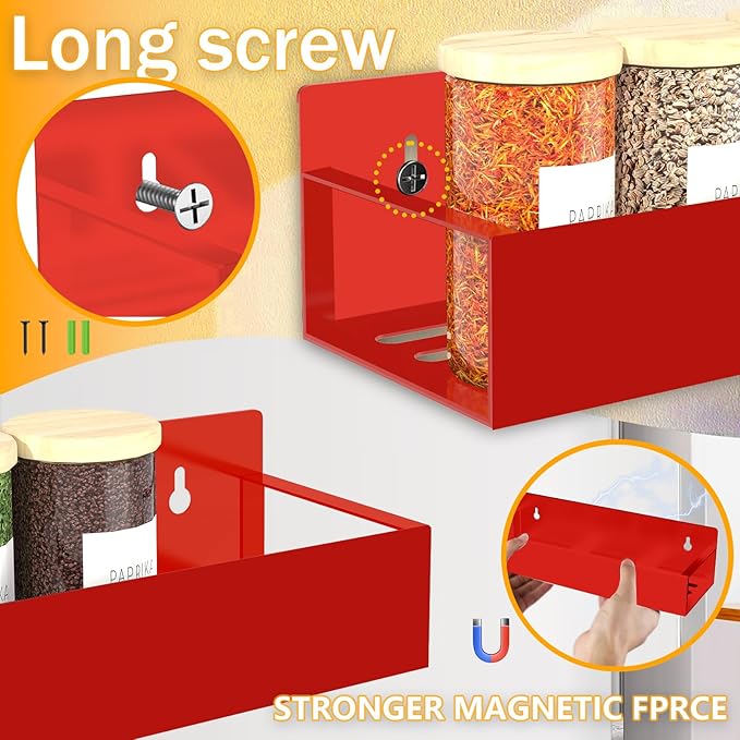 Magnetic Spice Rack Organizer for Fridge Seasoning Organizer for Kitchen storage with Screw Magnetic Shelf with Hook for Refrigerator and Oven (4pack1hook-Red)