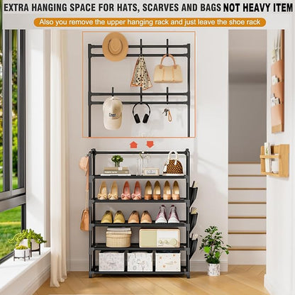 Shoe Rack 5 Tier Shoe Organizer Storage 15-20 Pairs Shoes Rack for Closet Entrance Shoe Rack Organizer with Hooks and Side Pocket Entryway Shoe Holder Space Saving Free Standing Shoe Racks